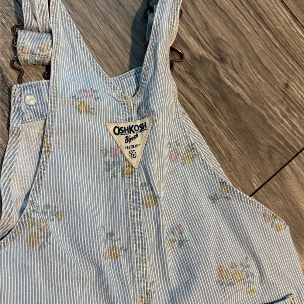 OshKosh B'gosh Light Blue Striped Overalls with Pastel Floral Print - Picture 4 of 7